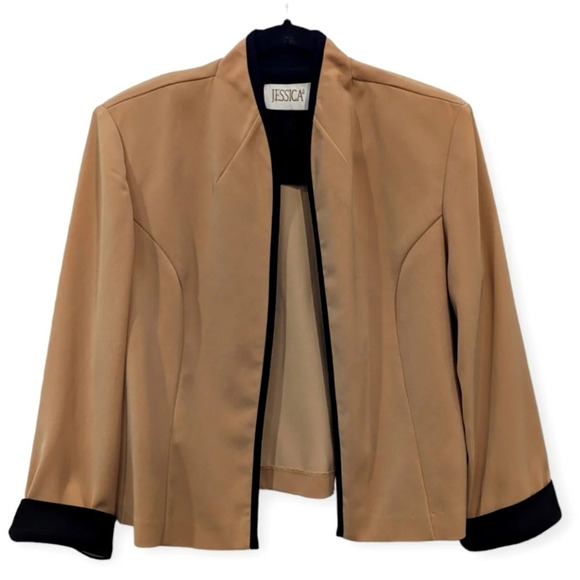 Vintage Jessica Open Front Camel Tan Black Blazer Jacket Woman 18 Shoulder Pad - Picture 1 of 8
